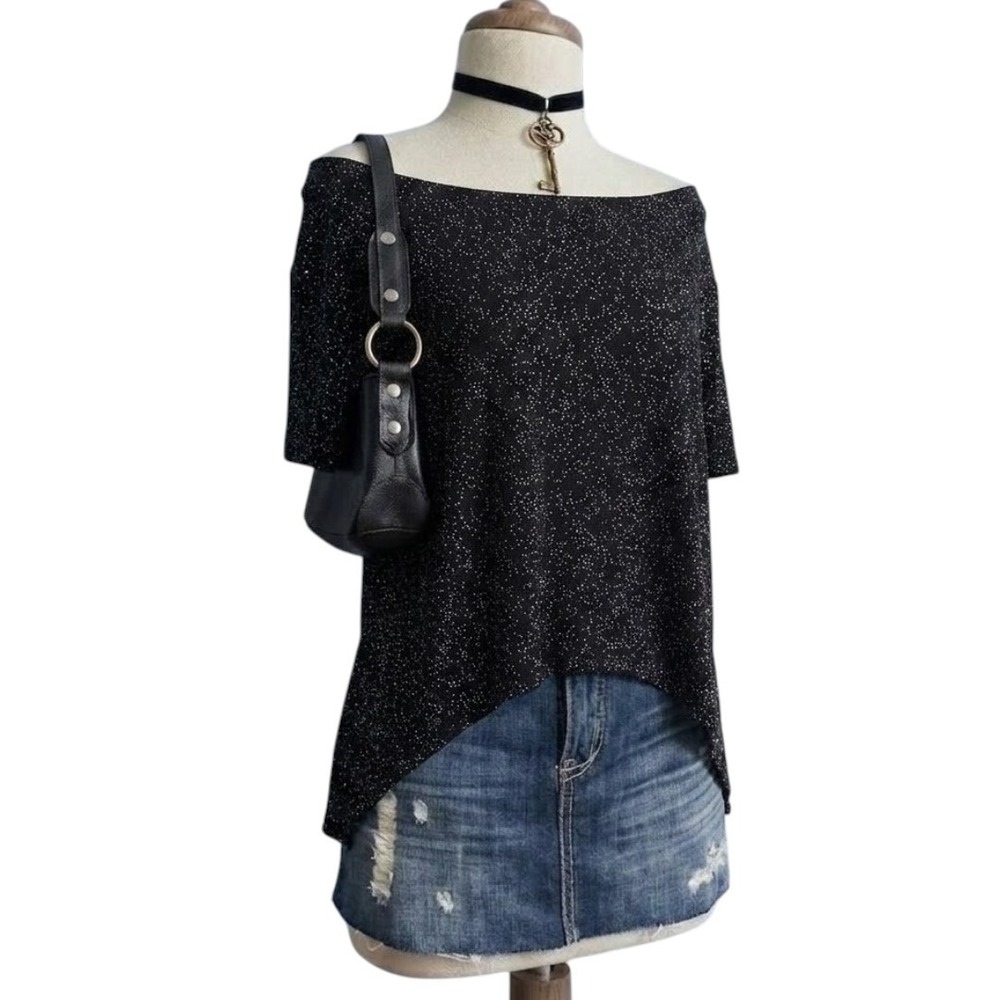 Black Glitter Off Shoulder Asymmetric Top Short Sleeve Vintage y2k Whimsigoth